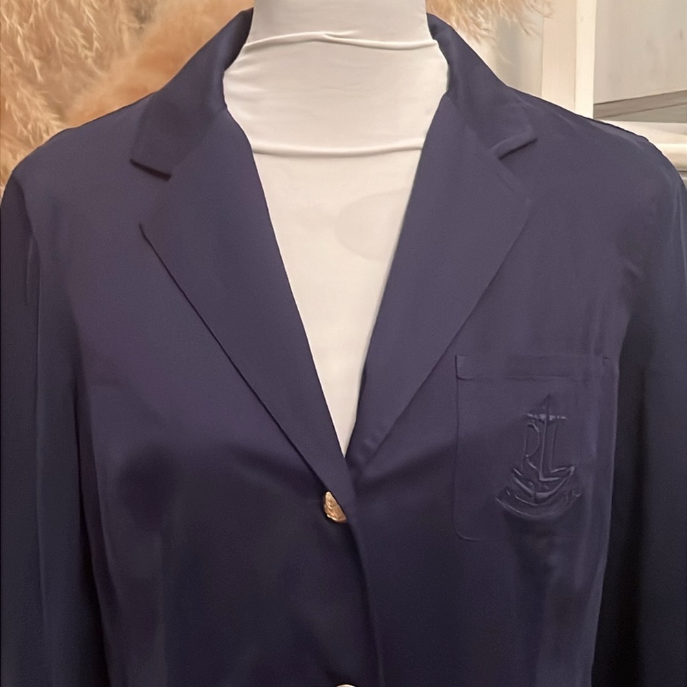Lauren Ralph Lauren cotton blend Blazer Logo Chest Pocket navy blue size Large - Picture 2 of 8